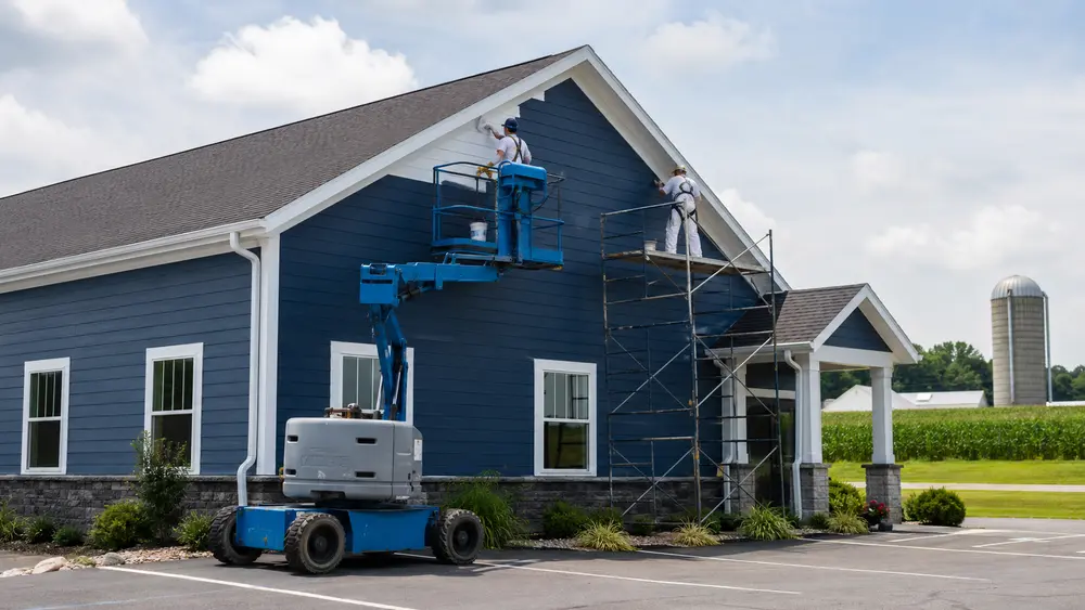 Two painters renovating a protected small-business interior with blue and white paint