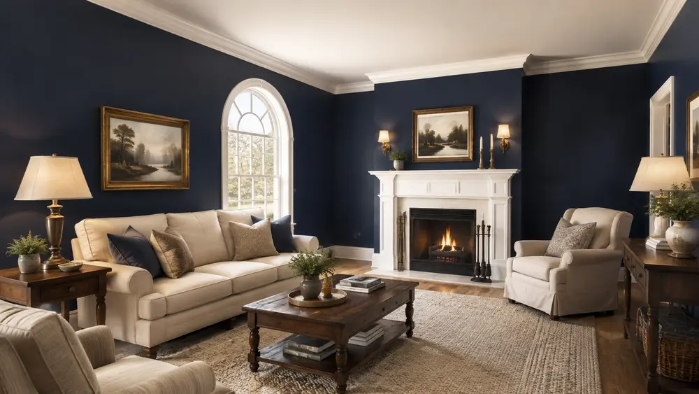 Professional painter rolling a blue interior wall in a protected living room