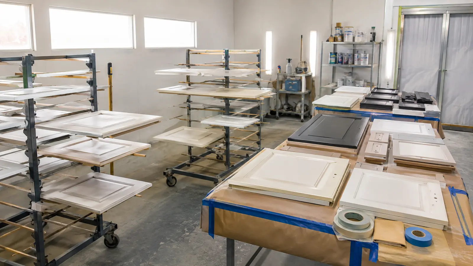 Organized cabinet doors and drawer fronts prepared on drying racks for a cabinet-painting project