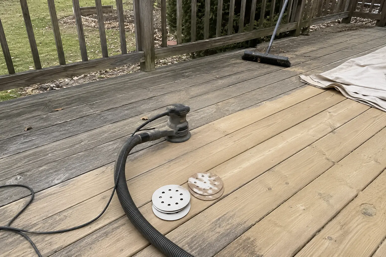 Older deck boards partially sanded during preparation for stain or sealer