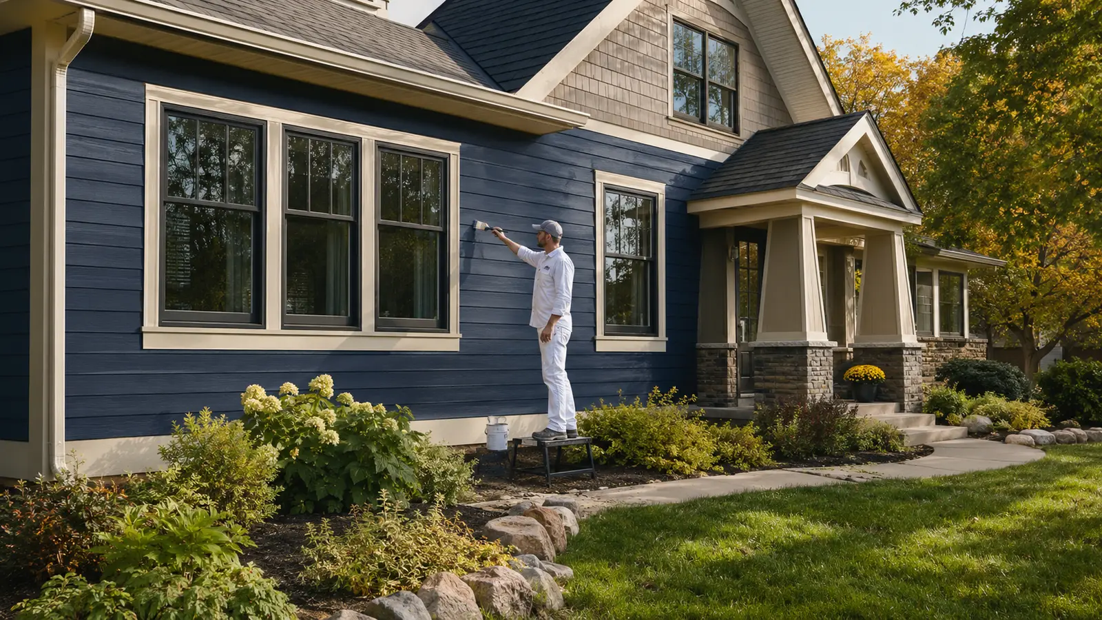 Painter applying dark blue paint to the siding of a house